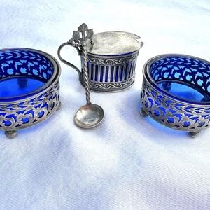Antique Art  nouveau Sterling Silver Cobalt Salt Pots , Made in 1800’sUSA Gorham